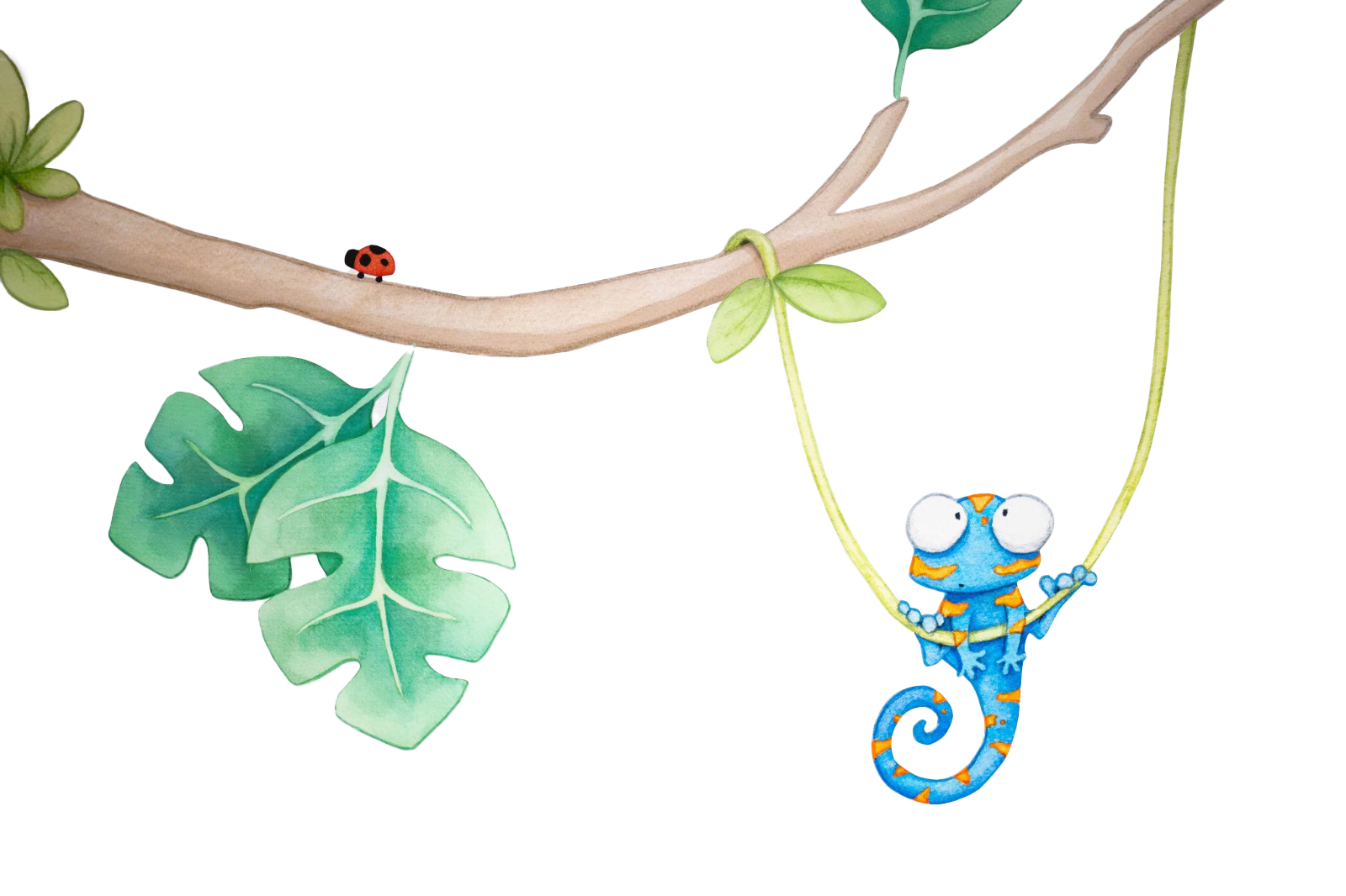 drawing of a Chameleon hanging from a vine attached to a branch